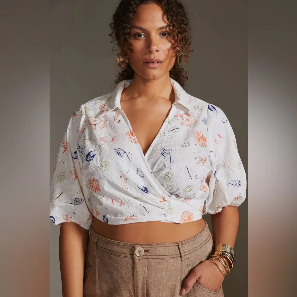 Seashell Embroidered Eyelet Puff-Sleeve Wrap Top